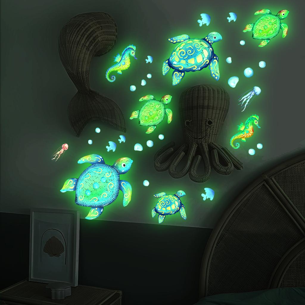 Luminous Fish Octopus Wall Stickers Underwater World Decal Glow In The Dark Stickers For Kids Rooms Kindergarten Wall Decoration