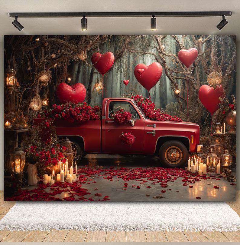 Valentine's Day Backgrounds For Photographs Red Car Love Heart Balloons Rose Flower Candle Romantic Wedding Decor Photo Backdrop