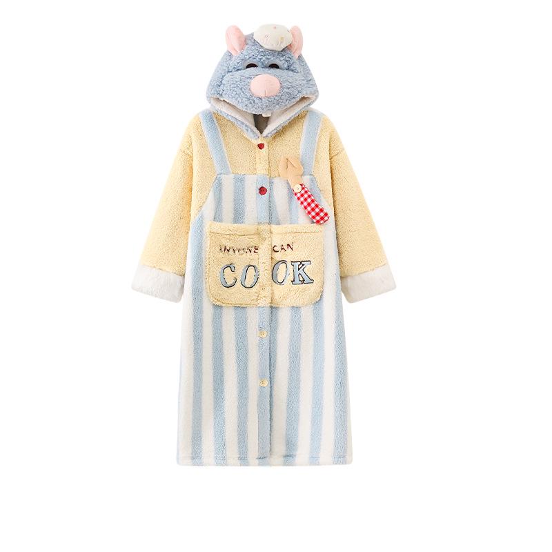 Damen Plüsch-Pyjama mit Cartoon-Rattenkönig - Mit Kapuze aus Korallenfleece, Nachtwäsche für Herbst und Winter.