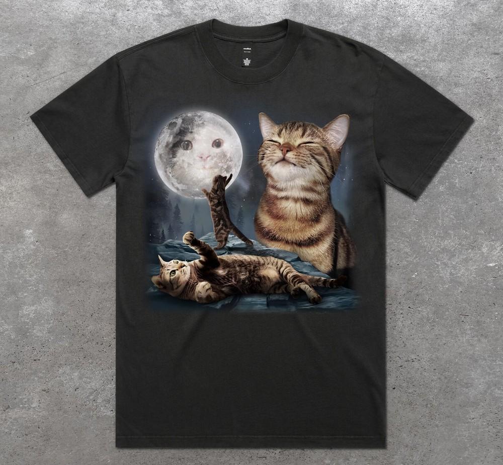 

Three Cats And The Moon Vintage Graphic Washed T-Shirt Tee Top Funny Cat Lover 4XL