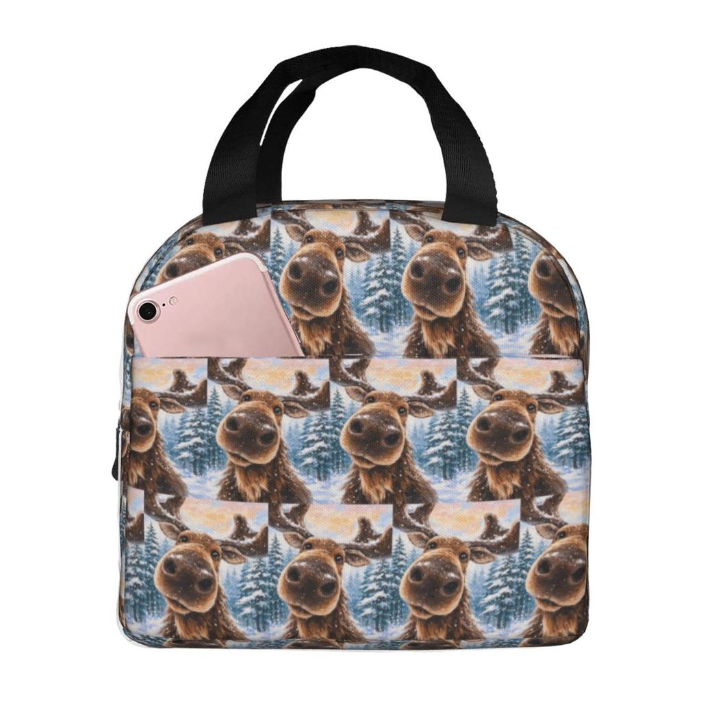 Cartoon Moose Oil Painting Insulated Lunch Bag for Women Kids Portable Food Boxes Thermal Lunch Box Tote