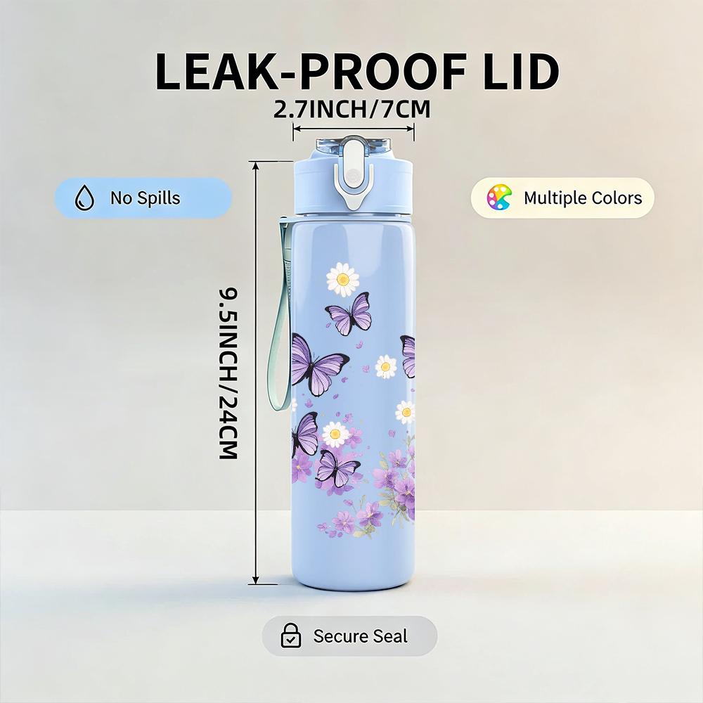 1PC Light Purple Butterfly Floral Branch 750ml Color Plastic Water Bottle Leakproof Flip Straw Lid For Sports Office Home Use