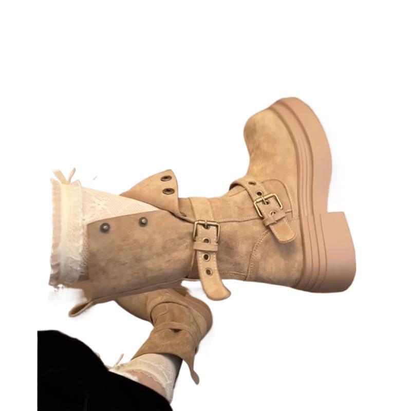 Women's Khaki Ankle Boots with Thick Sole, Chunky Heel, Elastic Slimming Fit, and Two-Way Wear for Spring