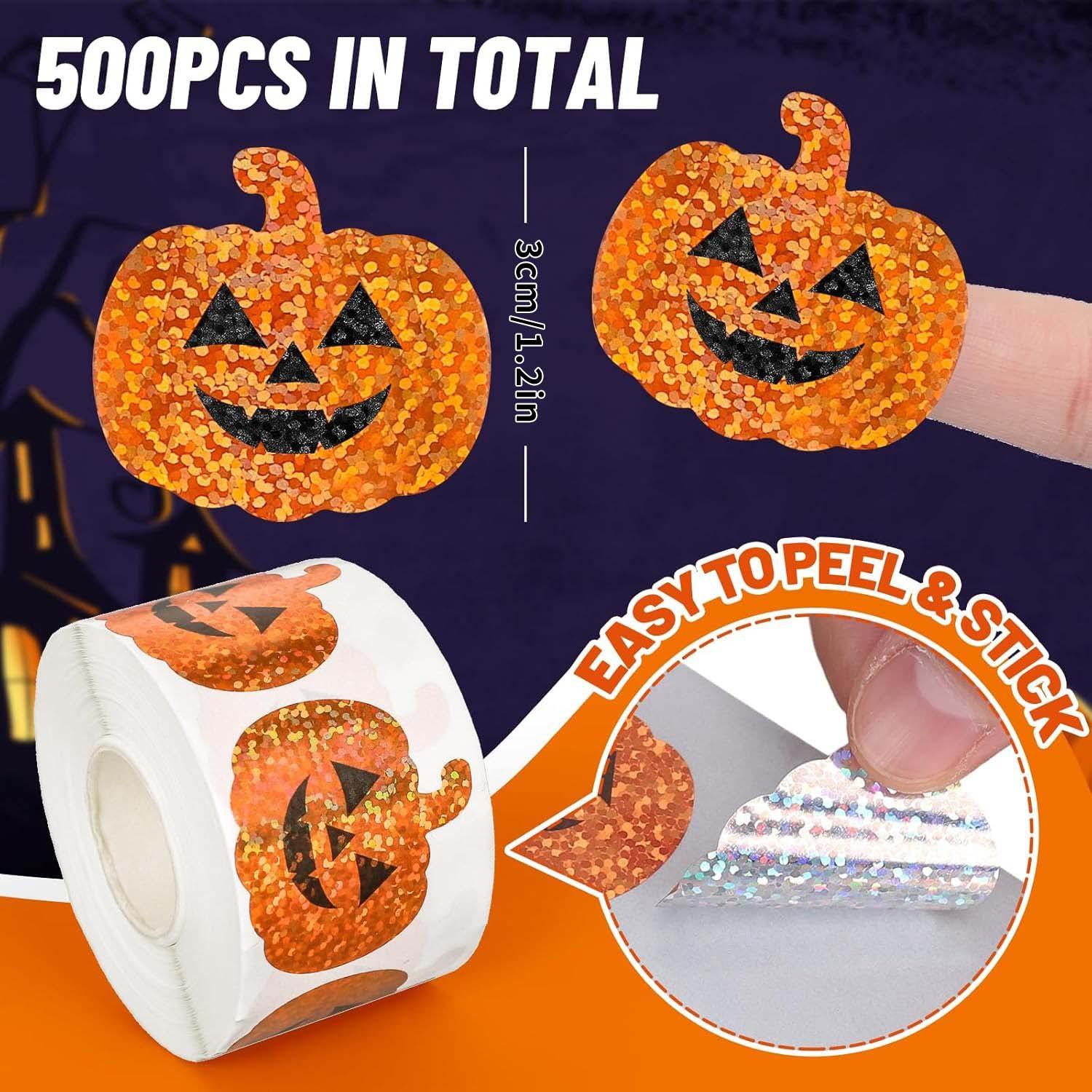 Glitter Pumpkin Sticker Roll Halloween Pumpkin Shape DIY Waterproof Sticker Orange Glitter Adhesive Sticker Halloween Party Envelope