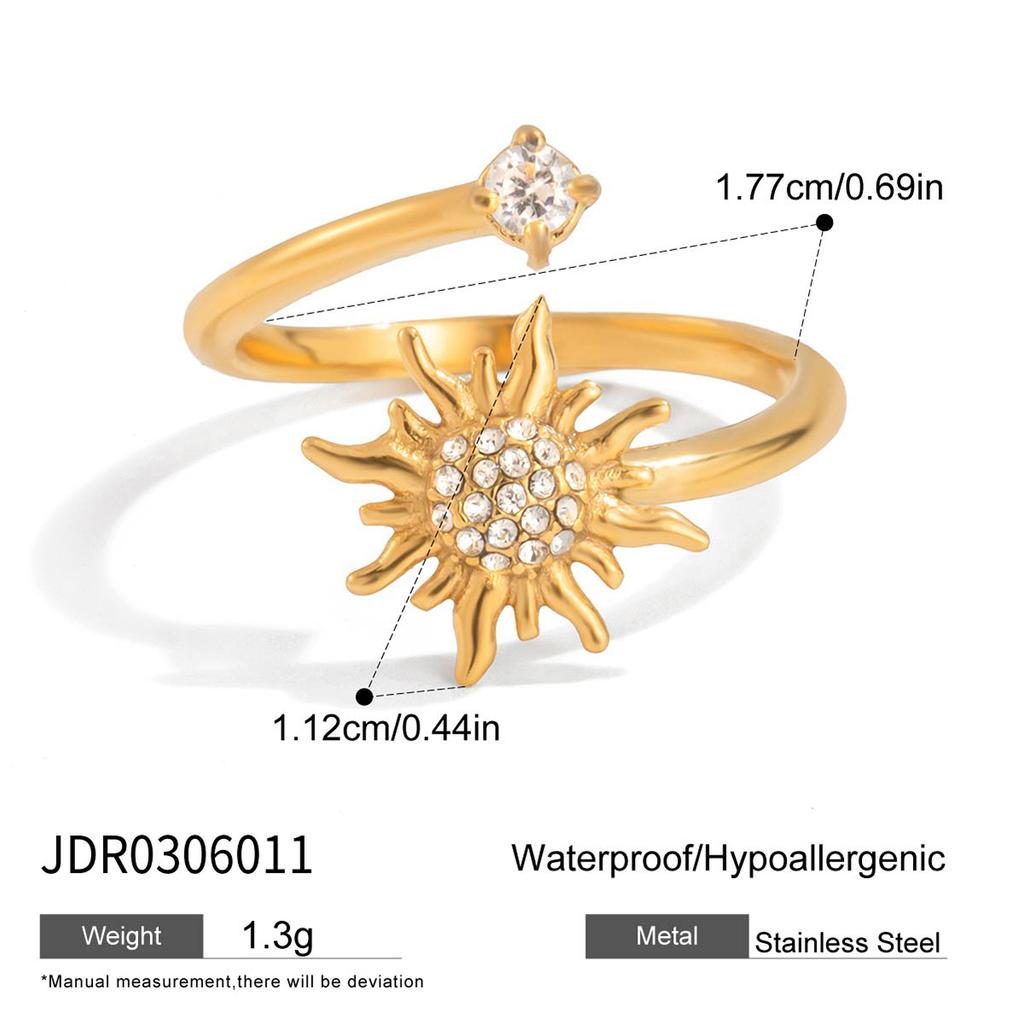 Youthway Fashion White Zirconia Sun Open Ring Stainless Steel 18k Gold Color - Plated Women's Ring Suitable for Everyday Wear