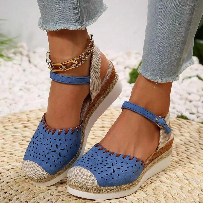 Large size wedge heel women's sandals summer new flat bottom bag head casual hollow buckle middle heel women's sandals