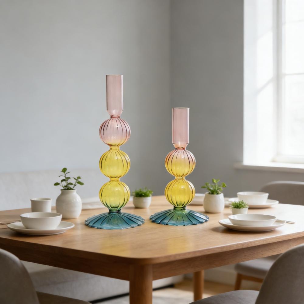 Creative European Style Colored Glass Candle Holder Taper Candlesticks Home Decoration Modern Nordic Living Room Decor