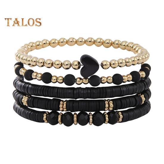 5 Pcs Bohemian Bracelets Polymer Clay Multi-layer Stacking Heart Beads Contrast Color Jewelry for Beach Work Party Vacation