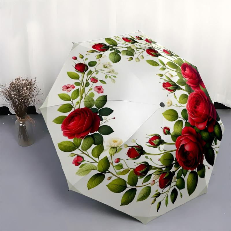 1pc Floral Wreath with Red Roses Umbrella with Plastic Handle,Suitable for All Seasons Home Travel Outdoor UmbrellaDD1272