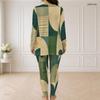 Women Plus Size Blue Yellow White Abstract Printed Front Zipper Long Sleeve Longline Top Fitted Pants Two Piece Set
