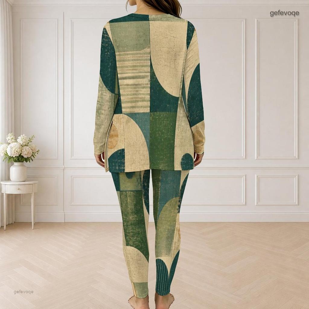 Women Plus Size Blue Yellow White Abstract Printed Front Zipper Long Sleeve Longline Top Fitted Pants Two Piece Set