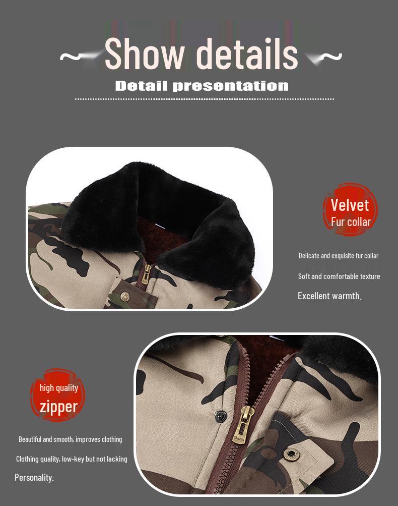 Camouflage Velvet-Padded Winter Work Jacket: Warm, Thick, Mid-Length, Cold-Resistant