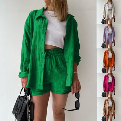 Damen Sommer Musselin Bluse Hemd und Shorts Kleidung Zweiteiliges Set Strand Outfit Set Zweiteiliges Set Damen