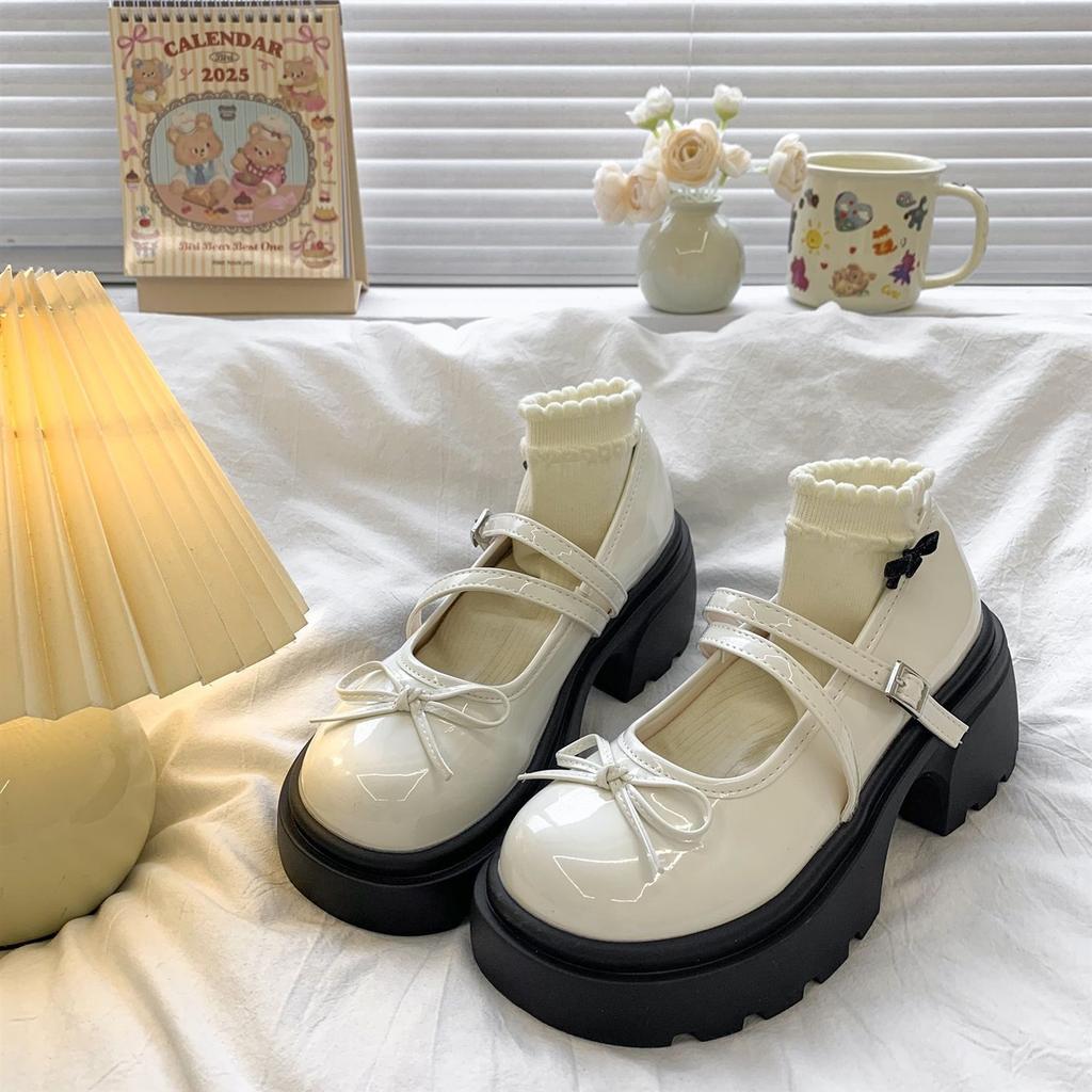 Thick-soled Mary Jane retro shoes summer new bow French style with skirt light mouth small leather shoes single shoes