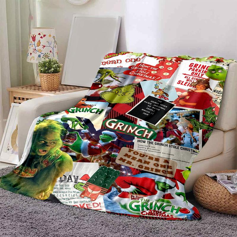 1Pc Grinch Christmas Collage Blanket Soft And Comfortable Casual Warm Camping Travel Christmas Halloween Gift M921596