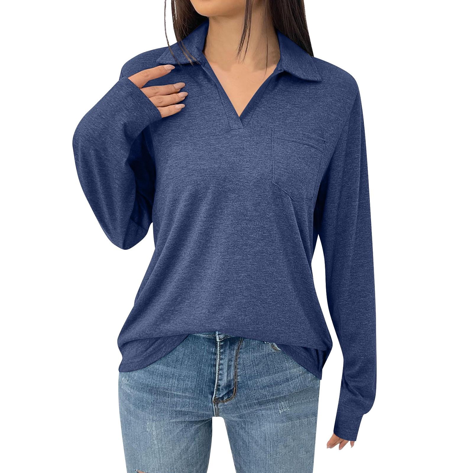 

Жіноча модна однотонна вільна футболка з лацканами з довгим рукавом і кишенями M Темно-синій