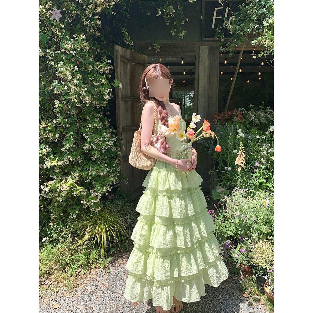 Summer New Waist Thin Cake Skirt Long Skirt Temperament Vacation Style Green Dress Women's Casual Style