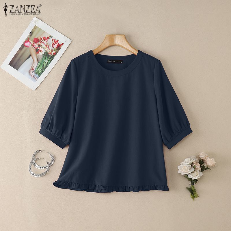 ZANZEA Damen Lässige Rundhals Einfarbig Locker Halbarm Bluse