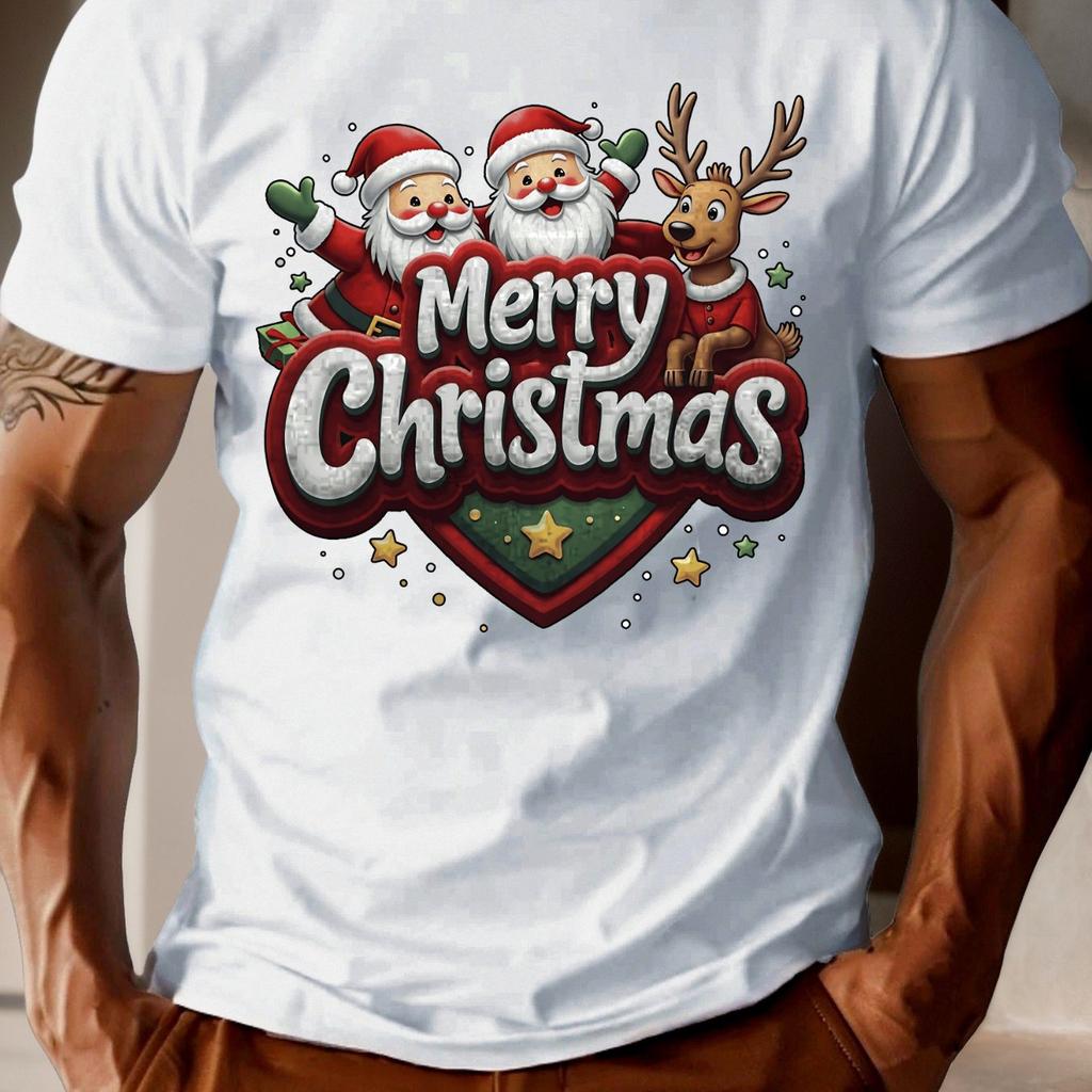 Mens Short Sleeve Cotton Christmas Happy Simple Santa Claus and Reindeer Print Soft Comfortable Breathable Street Hip Hop Daily