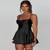Satin Seide Damen Sexy Cami Playsuits Kleid Solide Wasserfallausschnitt Ärmellos Kurze Jumpsuits Sommer Kreuz Binden Rückenfrei Strampler