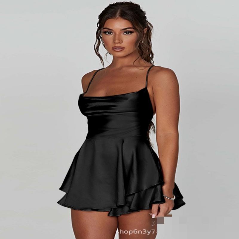 Satin Seide Damen Sexy Cami Playsuits Kleid Solide Wasserfallausschnitt Ärmellos Kurze Jumpsuits Sommer Kreuz Binden Rückenfrei Strampler