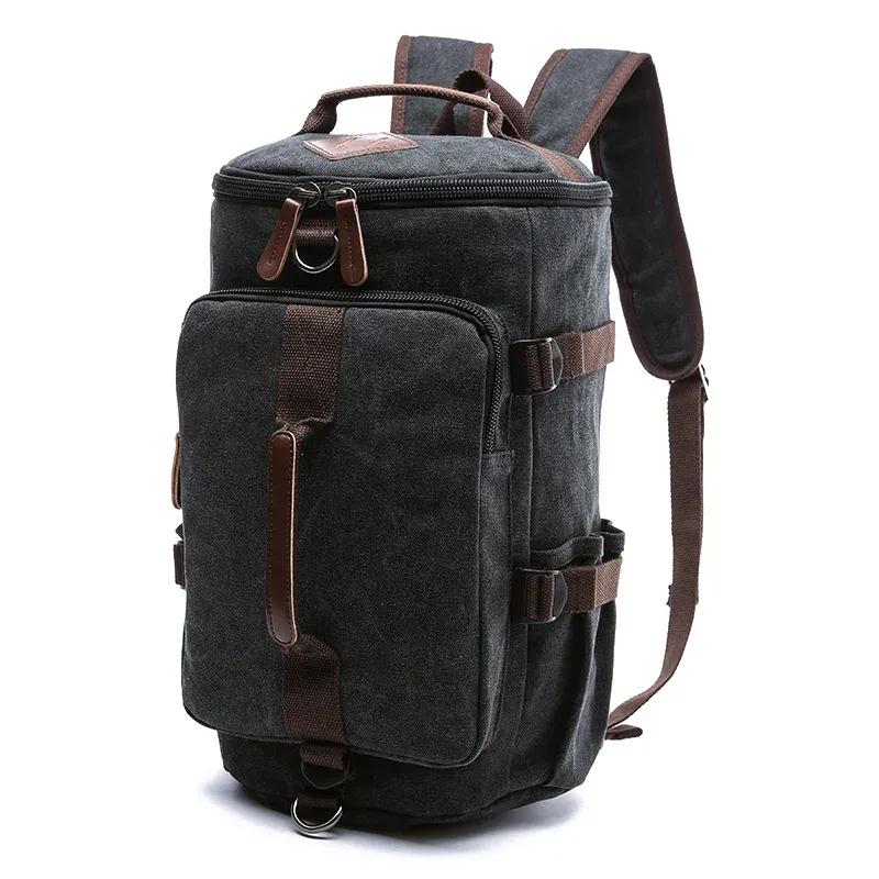 Men's Canvas Backpack Vertical Square Travel Canvas Bag Outdoor Large-capacity Cylinder Student School Bags