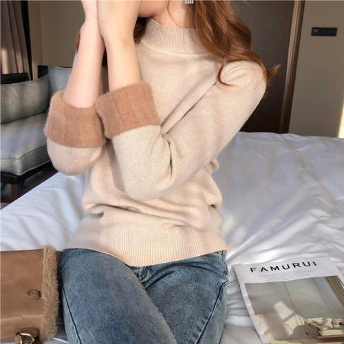 Fleece thickened bottoming shirt women's autumn and winter imitation mink fleece sweater integrated fleece semi-turtleneck knitted sweater with warm