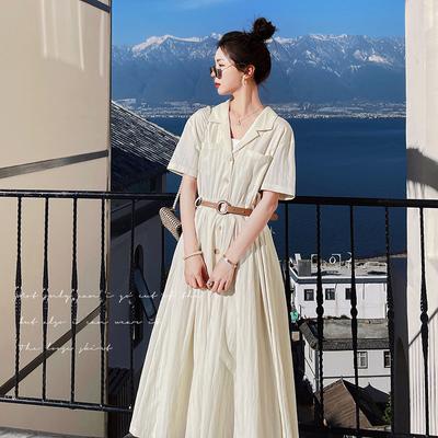 Women's Gentle Style Dress Women's Summer Hepburn Long Skirt Waist Slimming Shirt Skirt Cotton and Linen Tea Break Skirt