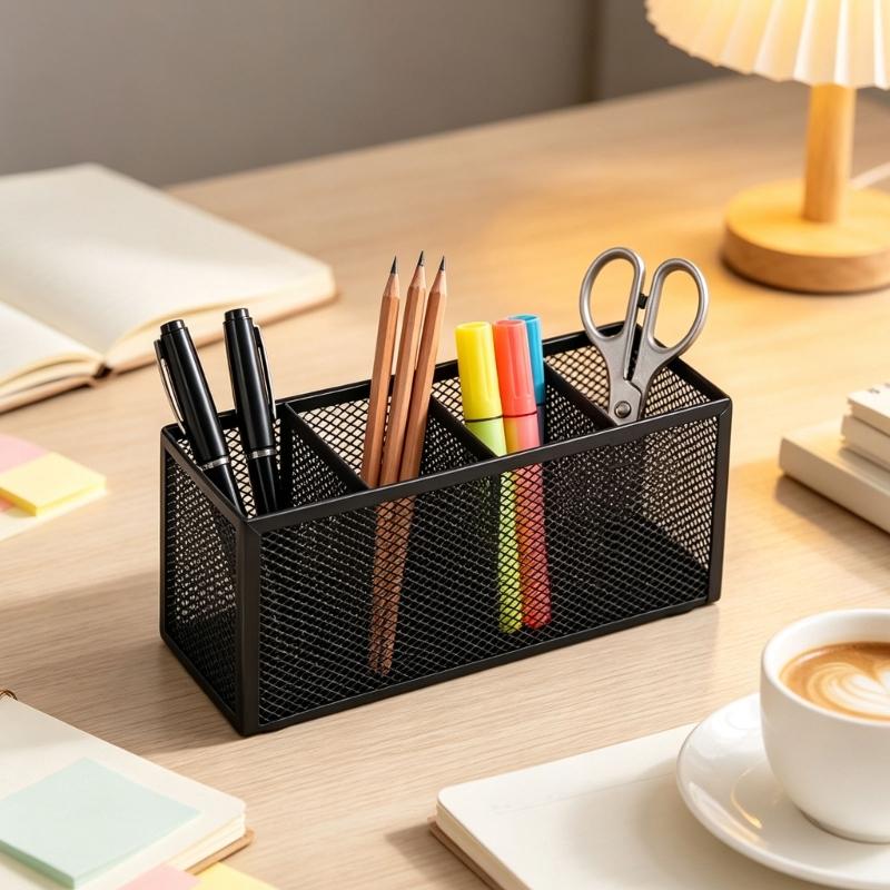 Vanity and Desk Organizers Pen Holders, Black Metal Mesh Desktop Caddy for Brushes, Pen, Scissors, and Supplies
