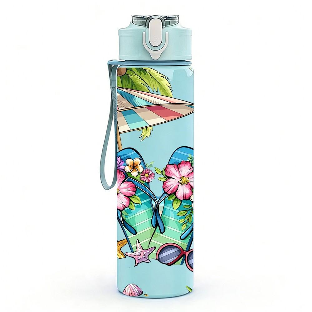 1PC Flip Flop Tropical Summer Print 750ml Color Plastic Sports Water Bottle Leakproof Flip Straw Lid Suitable for Sports Office Home Use