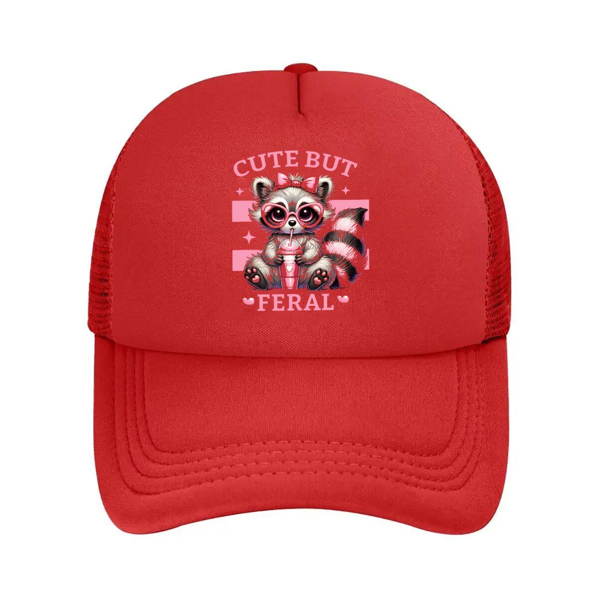 Cute But Feral Raccoon Pink Glasses Milkshake Mesh Baseball Cap Hip Hop Adjustable