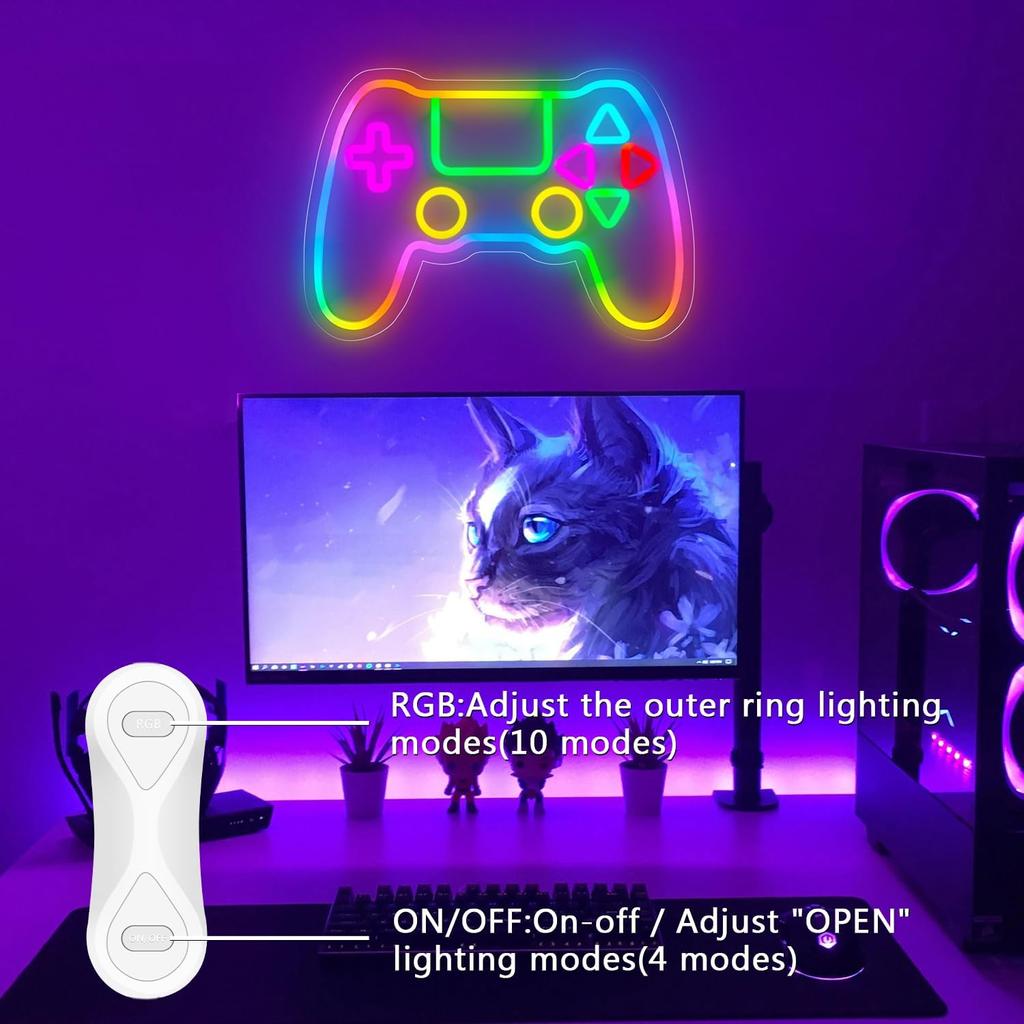 Gamer Neon Sign, LED Game Controller Gamepad Gaming Neon Light Sign for Game Room Wall Decor, Scrolling Color Changing Flashing Modes, Video Game