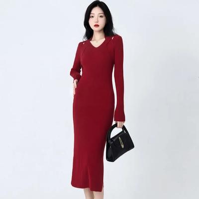 Elegant Women's Knit Dress Temperament Retro Neck Knit Dress Fall Winter Fashion Women's Inside Take Long Sleeved Sweater Skirt Dresses for Women 2025