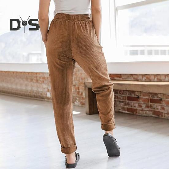 Women Corduroy Pants High Waist Baggy Drawstring Elastic Waist Casual Trousers Loose Fit Straight Leg Pockets Work Pants