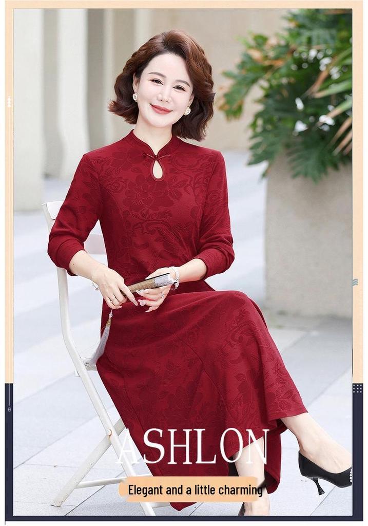 Red Elegant Mid-Length Over-the-Knee Long Sleeve Dress for Middle-Aged and Elderly Women