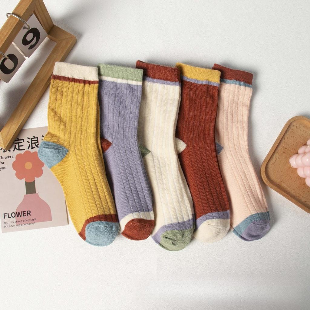 5 Pairs, Women's, Spliced Socks, Ribbed Midsole, Breathable Socks, Sweat Absorbing Socks, High Elasticity, Striped Socks, Sports Long Socks