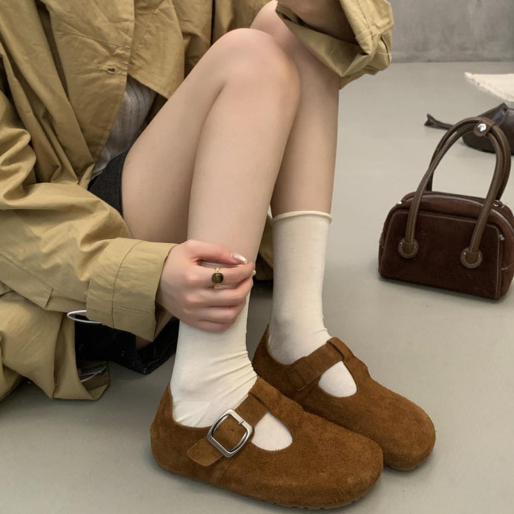 Old money style retro T-band Mary Jane 2025 new matte cowhide flat bottom round head soft sole versatile single shoes