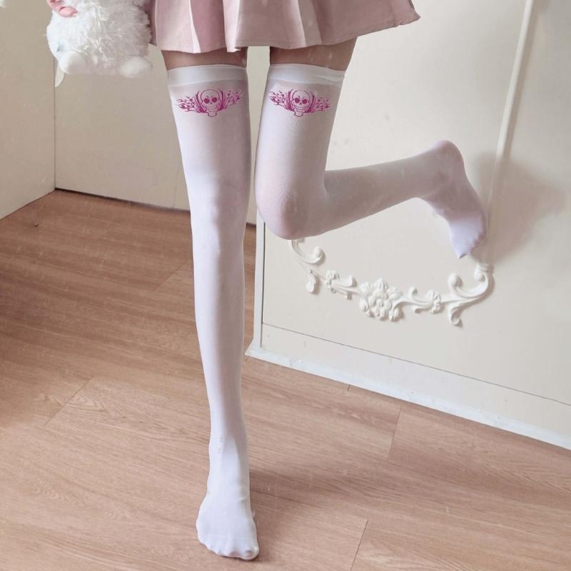 Halloween Skull Print Stockings for Women Girl Silk Leggings Tights Sock Cosplay Costume Over Knee Thigh High Long Socks