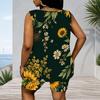Women Plus Size Blue Floral Printed Scoop Neck Sleeveless Tank Top Fitted Shorts Two Piece Set
