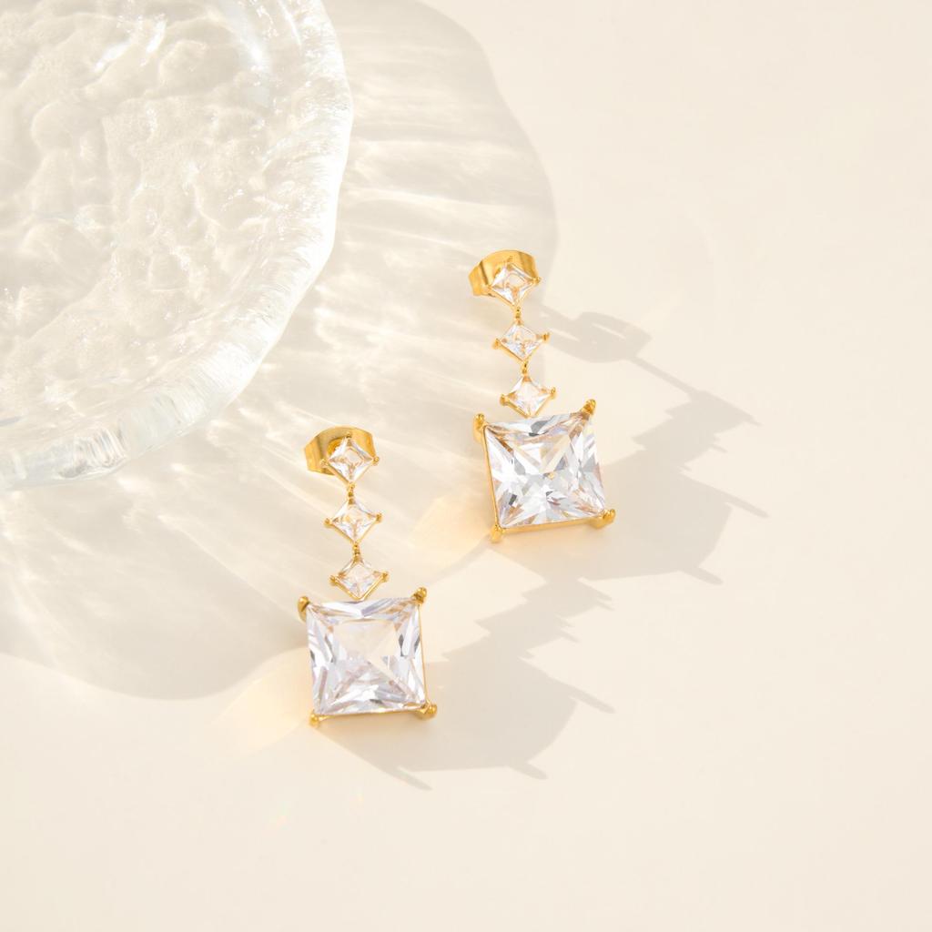 Korean Style Luxurious 18K Gold Stainless Steel Tassel Stud Earrings - Bling Square Sugar Pendant