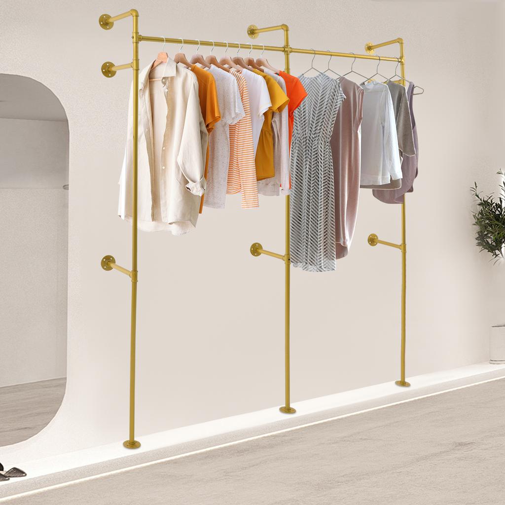 Wall Mounted Garment Rack, Gold Clothing Display Organizer, Load Bearing 110 lbs, Max Length 86.6In, Space Saving Storage Holder