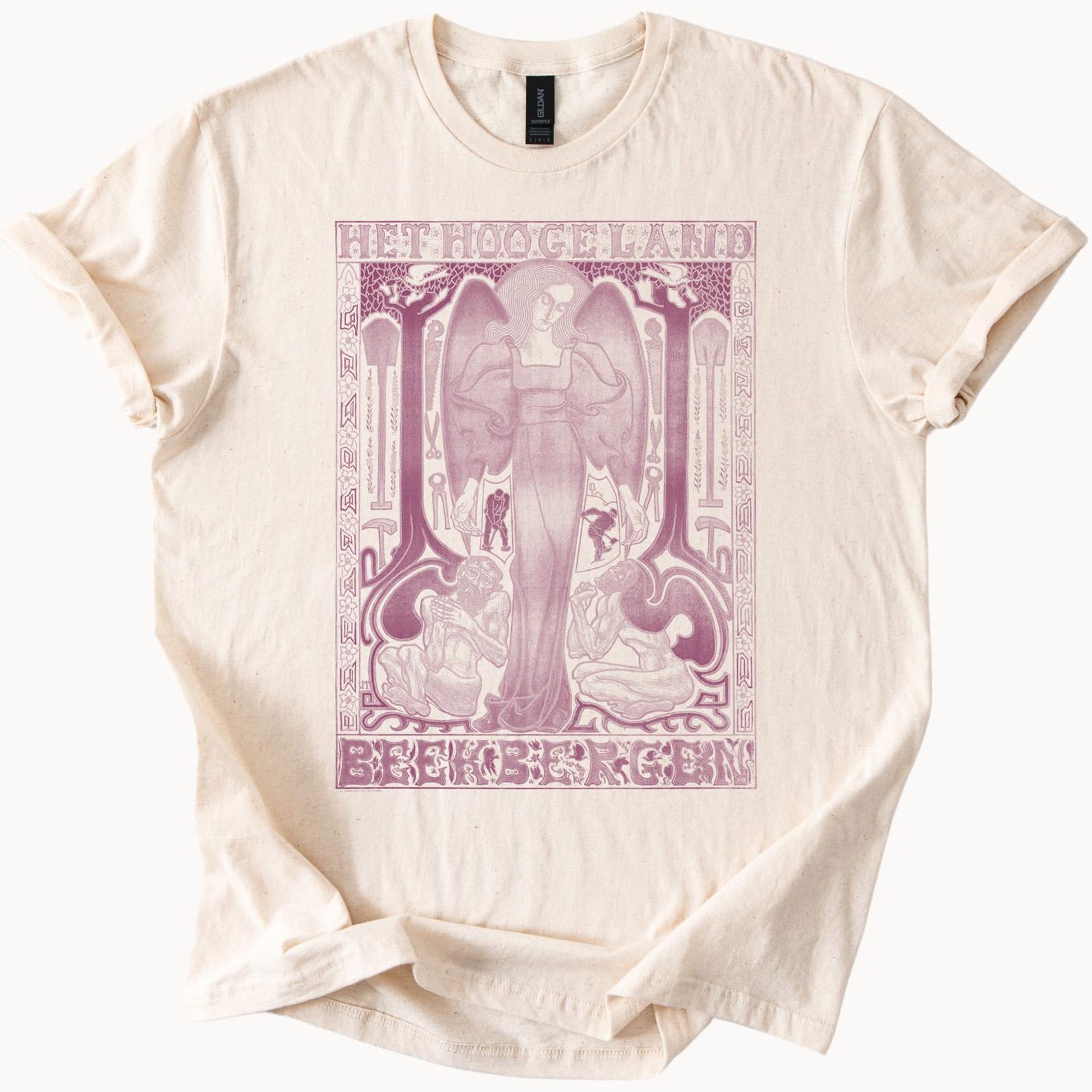 Art Nouveau Angel Graphic Shirt Mystical Gothic Style Cotton Tee Het Hooge Land Text Celestial Figure Natural Color Shirt 140