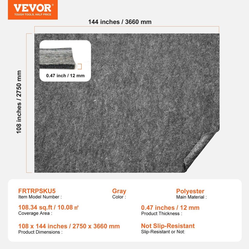 Rug Pad Gripper 9' x 12' Protective Carpet Pad 0.47" Thick for All Floors