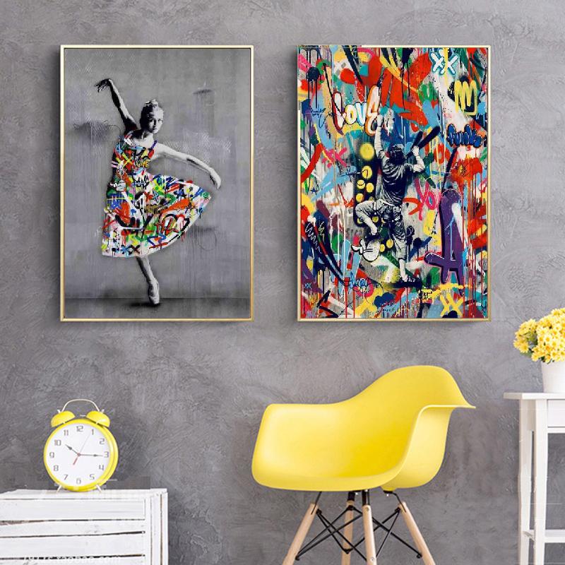 Abstract Color Graffiti Art Banksy Ballet Dancer Poster Canvas Painting Living Room Study Corridor Home Decoration Mural