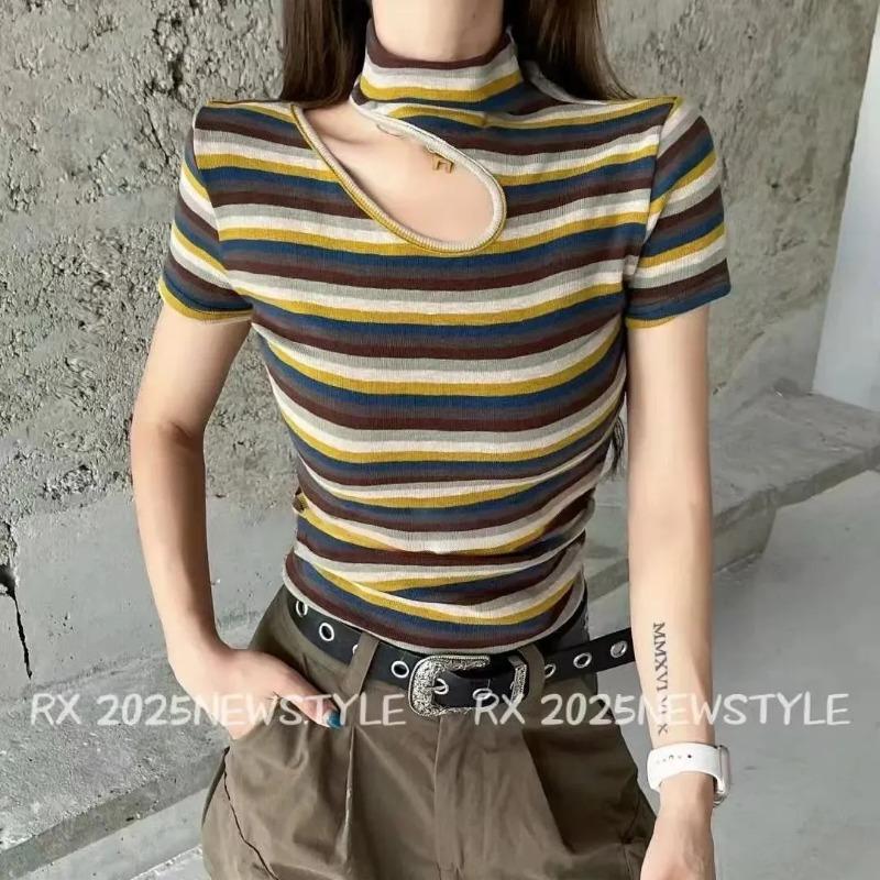

Women s Striped Mock Neck Crop Top Cutout Detail Short Sleeve Slim Fit Casual Top S золотий