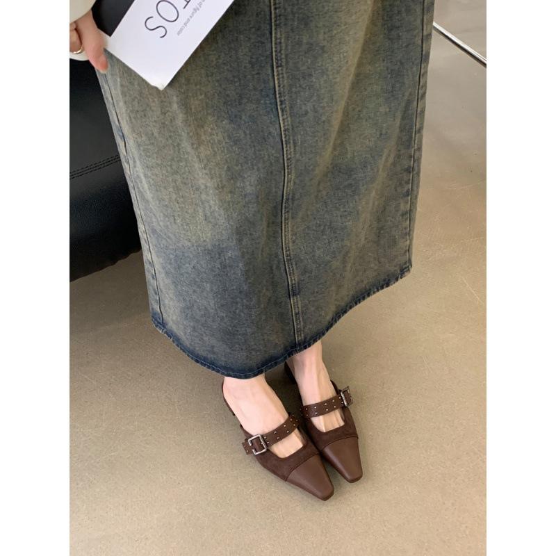 Baotou Slippers Women's Outer Wear 2025 Summer New French Small Fragrant Style Square Head Shallow Mouth Muller Half Slippers Flat Shoes