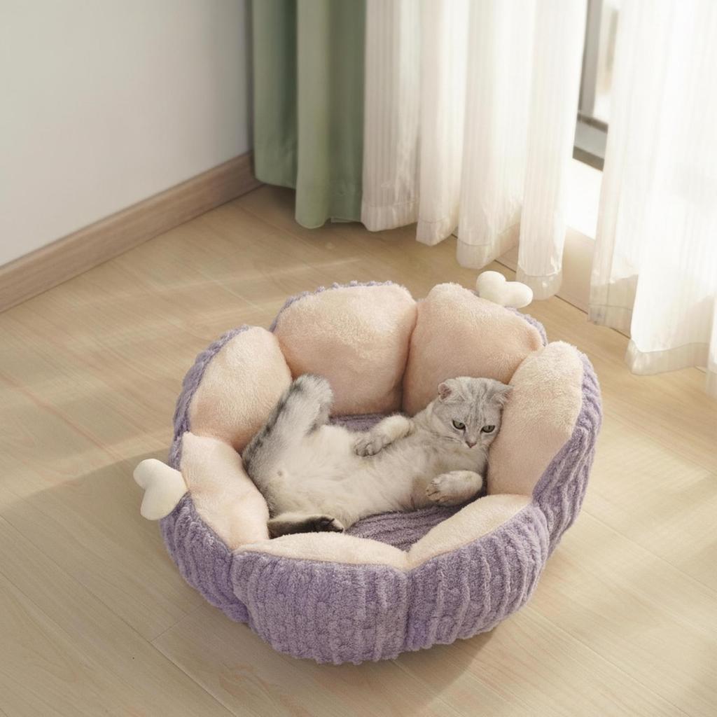 Pet Bed with Raised Petal Sides Cozy Petal-Shaped Round Snug for Cats