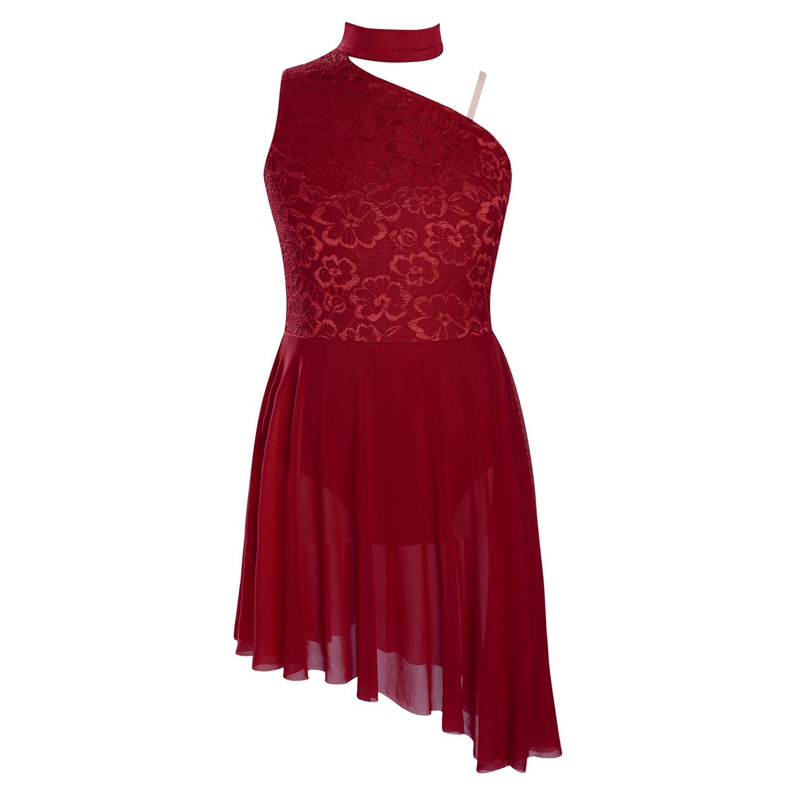 

Girls One Shoulder Sleeveless Lace Patchwork Dress Modern Lyrical Dance Costume with Asymmetrical Hem