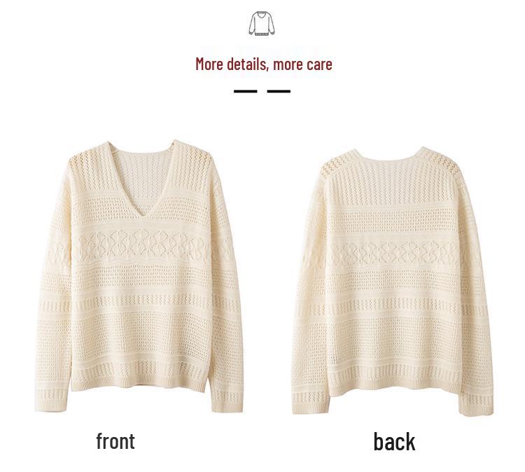 2023 Women's Pure Cashmere V-Neck Knitted Sweater: Loose, Hollow, Autumn/Winter Wool Pullover