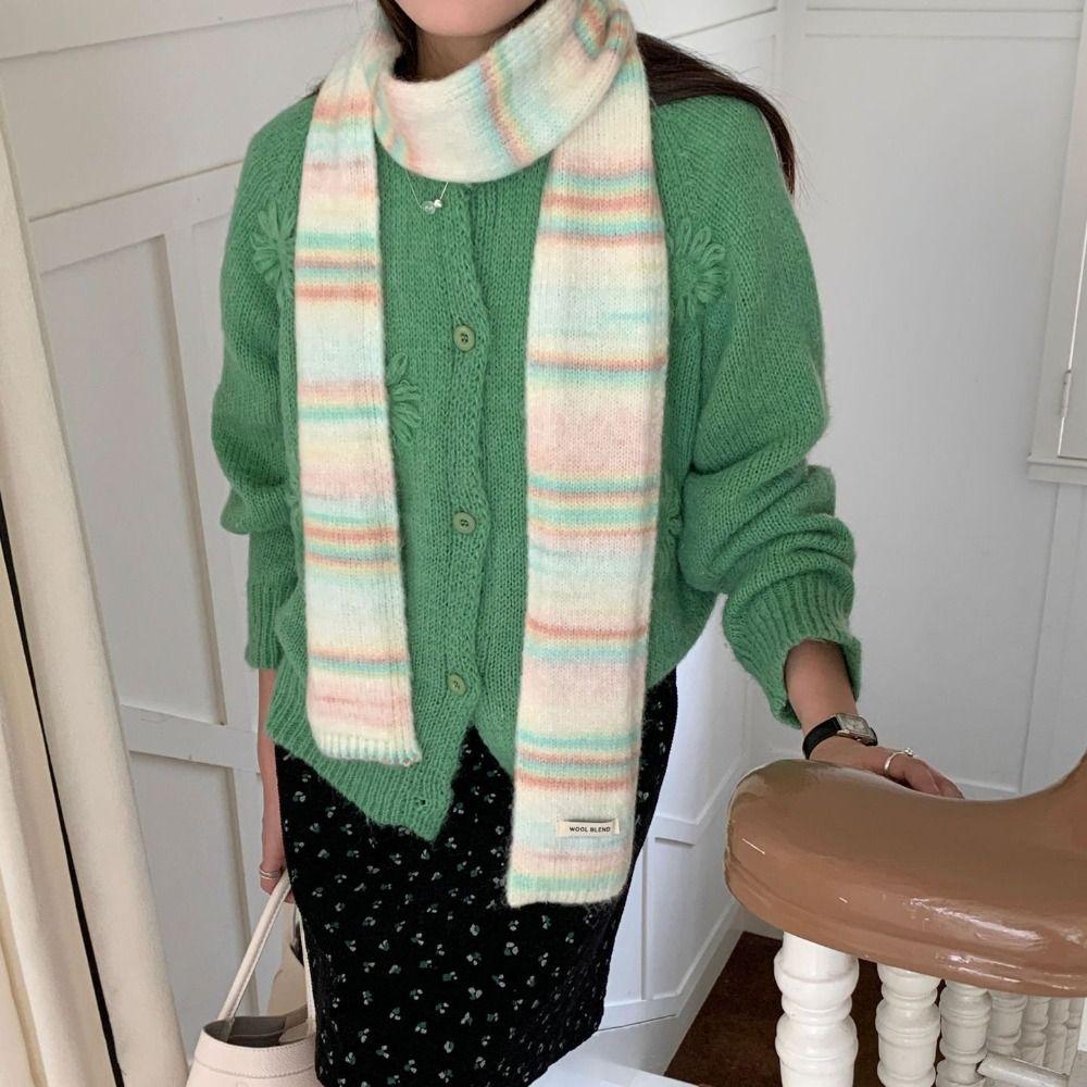 Thickened Rainbow Striped Scarf Korean Style Winter Shawl Cashmere Knitted Scarf Autumn Winter